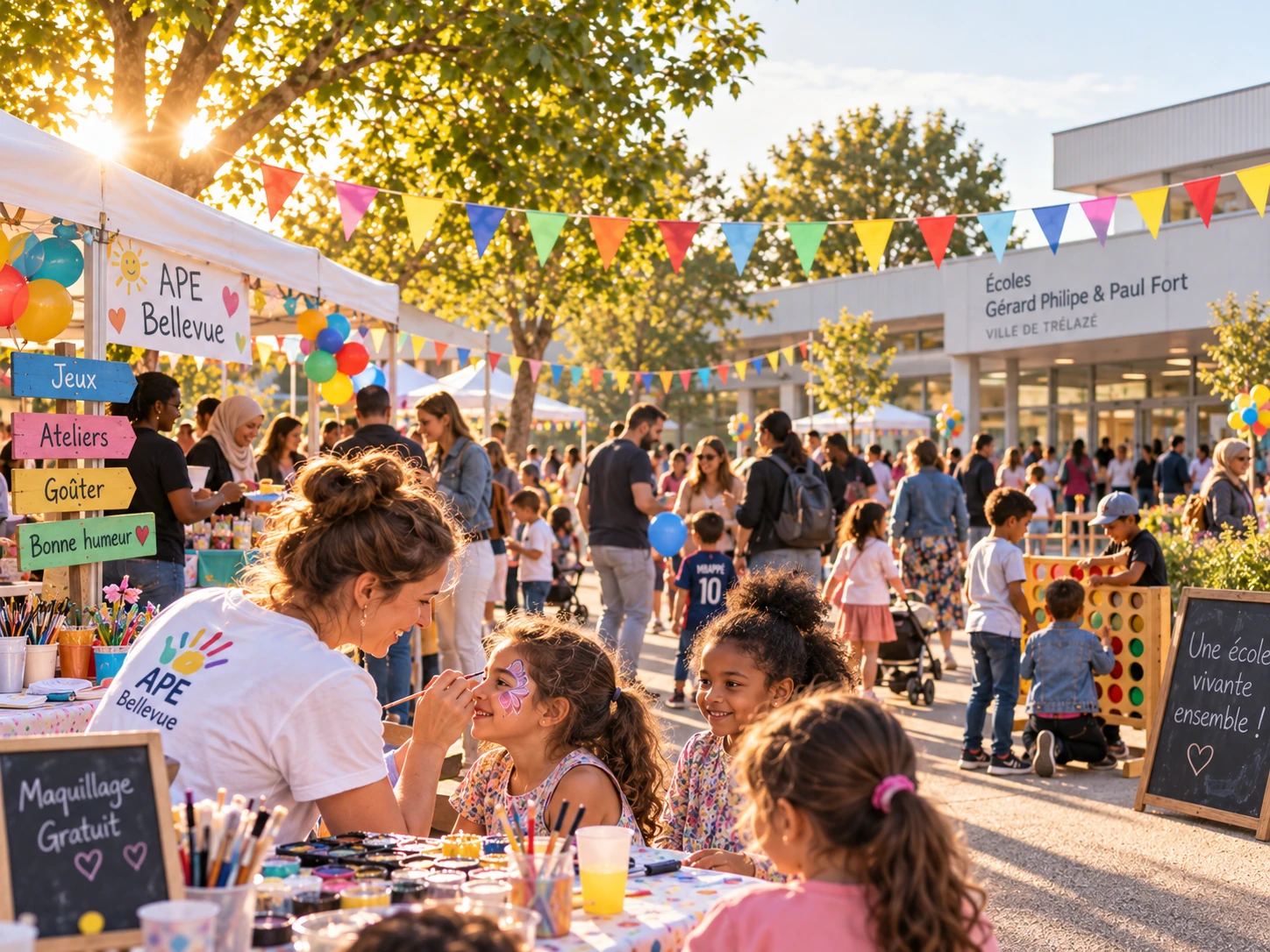 Parents bénévoles tenant un stand lors d’une fête d’école