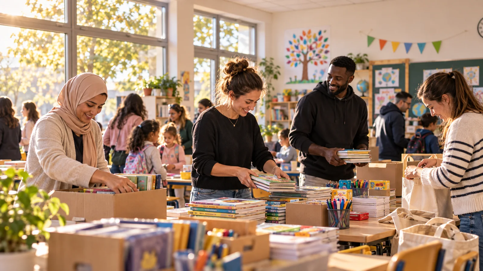 Parents bénévoles préparant une collecte de livres et de fournitures
